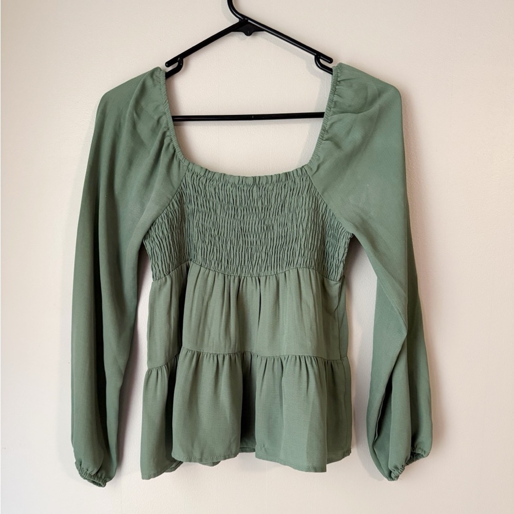 Paper Crane Sage Green Ruched Front Long Sleeve Flowy Blouse